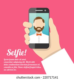 Selfie poster with man holding smartphone with self portrait picture vector illustration.