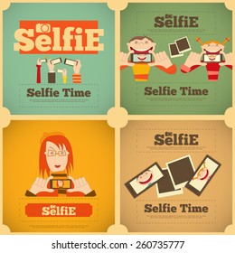 Selfie Posters Set. Flat Retro Design. Vector Illustration.