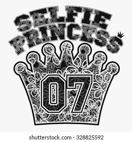Selfie princess t-shirt, crown with flowers. Black and white Floral-grunge art design