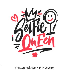 Selfie Queen. Bright red colored letters slogan. Cheeky girl saying brush lettering. Colourful lettering for party poster concept, banner. Isolated calligraphy poster. Stylish vector typography. Crown