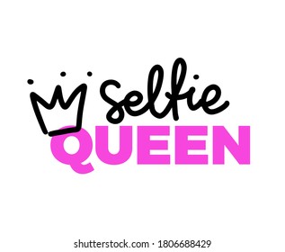 Selfie Queen Lettering. Black and pink vector sticker for cool hashtag.  Vector isolated on white