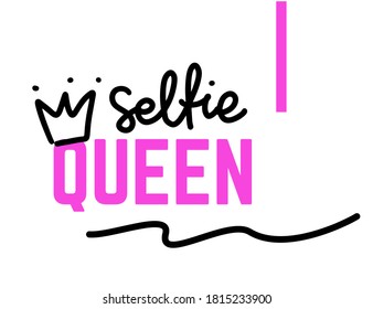 Selfie Queen Lettering. Black and pink vector sticker for cool hashtag.  Vector isolated on white