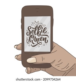 Selfie Queen Lettering. Calligraphy Fun Design To Print On Tee, Shirt, Hoody, Poster, Sticker, Card. Vector