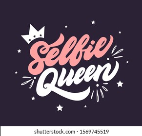 Selfie queen phrase. Self photo youth vector slogan lettering isolated on dark purple background. Girlish sticker idea, social media post design template, printable card or trendy t shirt, textile 