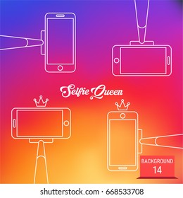 Selfie Queen: smartphone and selfie stick line style icons with little crown. Colorful smooth gradient background. Inspired by instagram new logo 2016. Instagram new icon project design.