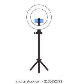 Selfie ring lamp, phone on tripod. Equipment for vlogging. Vector flat illustration.