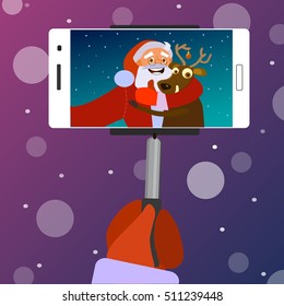 Selfie Santa Claus with reindeer. Merry Christmas. Vector Illustration of a flat design.