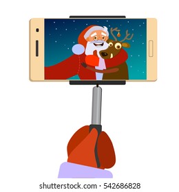 Selfie Santa Claus with reindeer. Merry Christmas. Vector Illustration of a flat design.