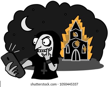 Selfie of satanist on the background of a burning church. Vector, caricature. svg