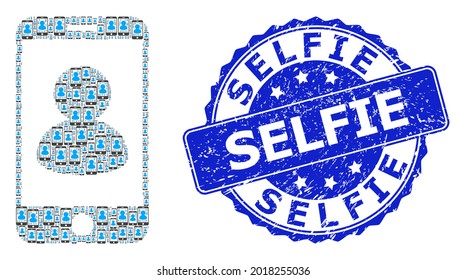 Selfie scratched round seal imitation   vector recursive mosaic smartphone portrait  Blue stamp seal includes Selfie tag inside round shape 