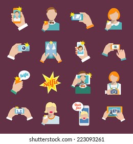 Selfie self portrait camera portrait photo taking flat icons set isolated vector illustration.