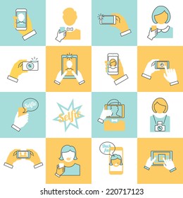 Selfie self portrait modern camera flat line icons set isolated vector illustration