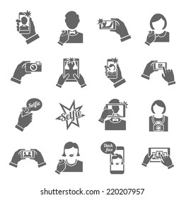 Selfie self portrait smartphone picture taking black icons set isolated vector illustration