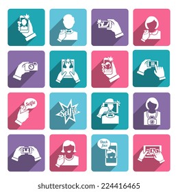 Selfie self portrait taking smartphone camera technology flat icons collection set isolated vector illustration