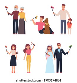 Selfie set. A family. Different people, bright clothes in a simple style, vector illustration on a white isolated background.