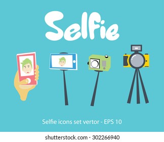 Selfie set icons - monopod, action camera and smartphone selfie 