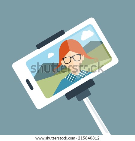 Selfie set photo illustration. Young girl making self portrait. Vector. 