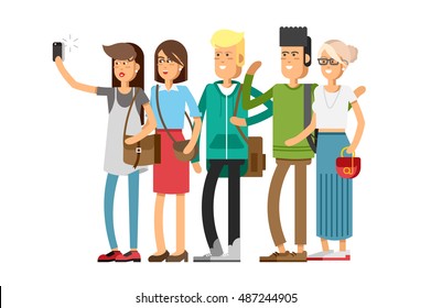 Selfie shot of group of young people. Vector illustration in a flat design. Girls and boys posing full length taking photos with mobile smart phone device.