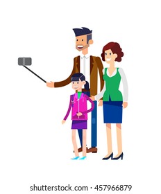 Selfie shot man make Selfie with his wife and children. Vector selfie people set, life with selfie photo camera