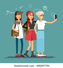 Selfie shot of three young stylish girls. Vector illustration in a flat design. Girls posing full length taking photos with mobile smart phone device.