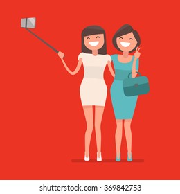 Selfie shot of two young girls by a selfie stick  Vector illustr