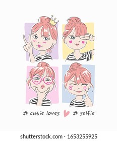 selfie slogan with cartoon girl illustration