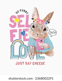 selfie slogan with cartoon rabbit taking selfie vector illustration