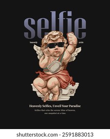 selfie slogan with cherub angel in sunglasses and chest bag selfie vector illustration created by hand drawn without using AI in the process