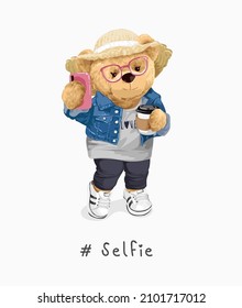 selfie slogan with cute girly bear doll taking selfie vector illustration