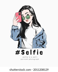 selfie slogan with girl in sunglasses taking selfie vector illustration