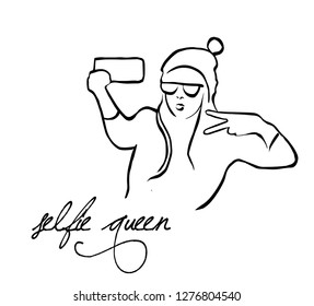 selfie slogan with girl taking selfie illustration. Print for inspirational poster, t-shirt, bag, cups, card, flyer, sticker, badge. Cute and funny vector - Vector

