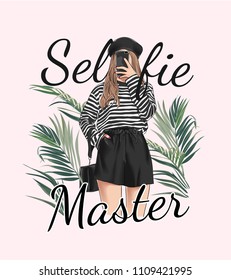 selfie slogan with girl taking selfie on smartphone illustration