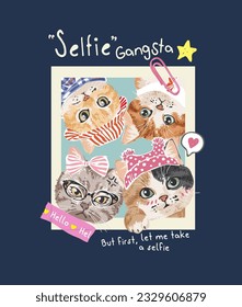 selfie slogan with group shot kitten selfie vector illsutration