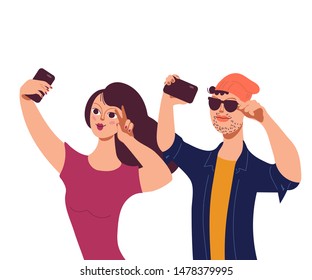 Selfie and smartphone addiction concept with young man and woman characters taking selfie photo, flat cartoon vector illustration isolated on white background. Modern lifestyle.