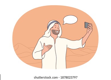 Selfie, smartphone, blogger vector illustration. Smiling young man tourist traveler making selfie and sharing picture chatting online during travel to safari trip 