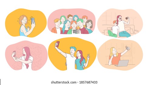 Selfie, Smartphone, Photograph Vector Illustration. Smiling People Friends Couple Teens Family Making Selfie On Smartphone. Lifestyle, Photo, Shot, Sharing, Stories, Online, Mobile