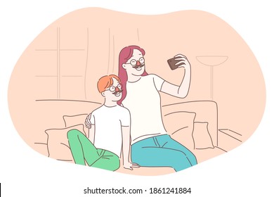 Selfie, smartphone, photograph vector illustration. Smiling mother and son in decorative funny moustache making selfie on smartphone for sharing. Lifestyle, photo, shot, sharing, stories, online 