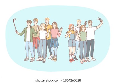 Selfie, smartphone, photograph vector illustration. Group of smiling happy friends making selfie on smartphone for memories outdoors. Lifestyle, photo, shot, sharing, stories, online, mobile