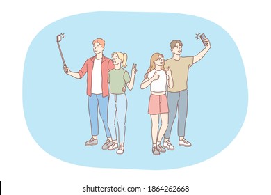 Selfie, smartphone, photograph vector illustration. Smiling young couples standing and making selfie on smartphone for sharing in social media. Lifestyle, photo, shot, sharing, stories, online, mobile