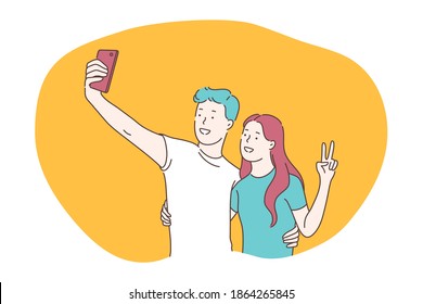 Selfie, smartphone, photograph vector illustration. Smiling young couple showing peace and making selfie on smartphone for sharing in social media. Lifestyle, photo, shot, sharing, stories, online