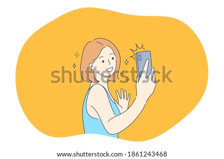 Selfie, smartphone, photograph vector illustration. Smiling girl cartoon character making selfie on smartphone for sharing in social media. Lifestyle, photo, shot, sharing, stories, online, mobile