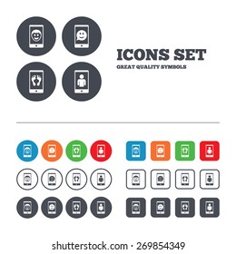 Selfie smile face icon. Smartphone video call symbol. Self feet or legs photo. Web buttons set. Circles and squares templates. Vector