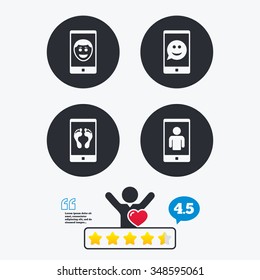 Selfie smile face icon. Smartphone video call symbol. Self feet or legs photo. Star vote ranking. Client like and think bubble. Quotes with message.