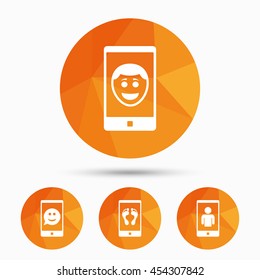 Selfie smile face icon. Smartphone video call symbol. Self feet or legs photo. Triangular low poly buttons with shadow. Vector