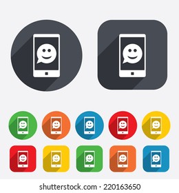 Selfie smile face sign icon. Self photo symbol. Smiley speech bubble. Circles and rounded squares 12 buttons. Vector