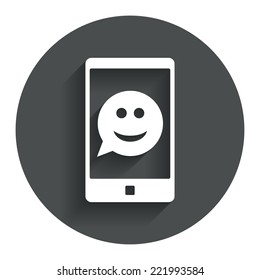 Selfie smile face sign icon. Self photo symbol. Smiley speech bubble. Circle flat button with shadow. Modern UI website navigation. Vector