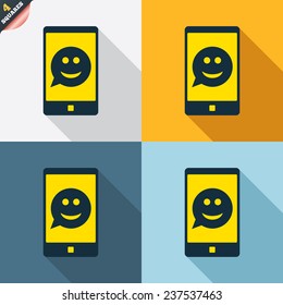 Selfie smile face sign icon. Self photo symbol. Smiley speech bubble. Four squares. Colored Flat design buttons. Vector