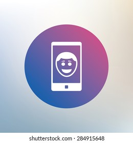 Selfie smile face sign icon. Self photo symbol. Happy smiley. Icon on blurred background. Vector