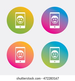 Selfie smile face sign icon. Self photo symbol. Happy smiley. Gradient flat buttons with icon. Modern design. Vector