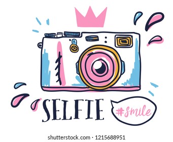 Selfie smile. Print on t-shirt, textile, wear, clothes, card, poster, fabric, diary, or web